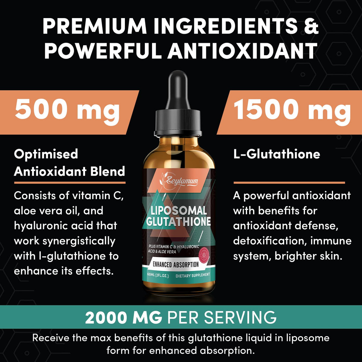Gouttes de glutathion liposomal Zeylamum 2000mg sur fond blanc