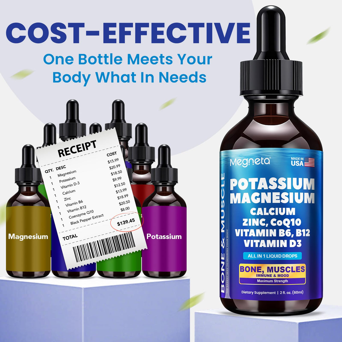 Gouttes de glycinate de potassium et magnésium sur une table en bois