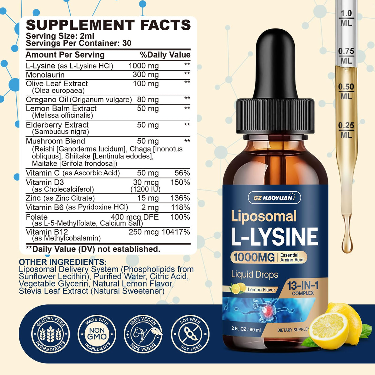 Gouttes de GZ HAOYUAN L-Lysine 1000MG avec pipette