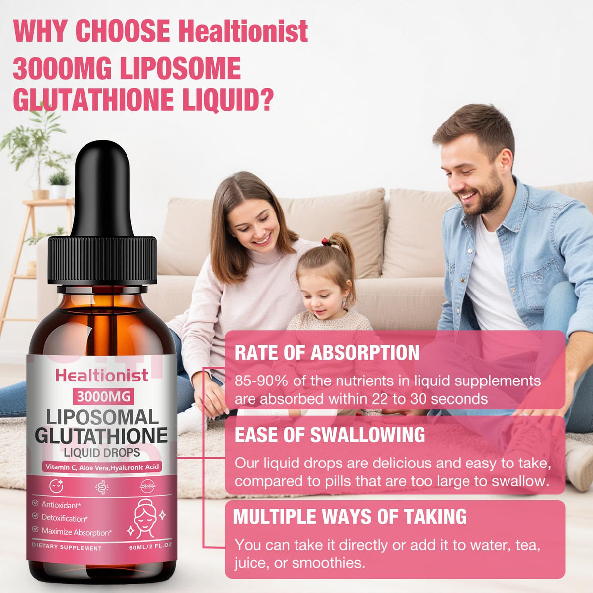 Gouttes de Healtionist Liposomal Glutathione dans une cuillère