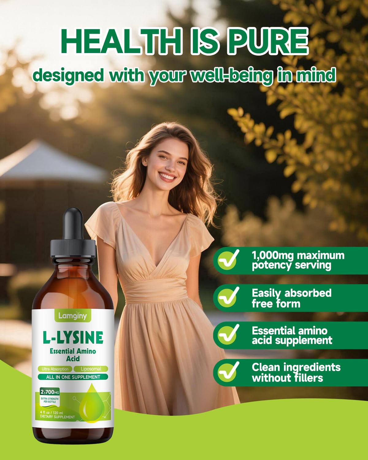 Gouttes de L-Lysine 1000mg dans un verre d'eau