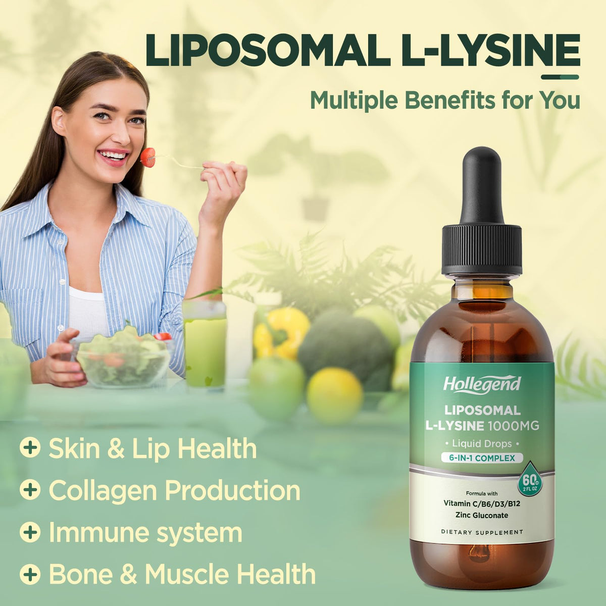Gouttes de L-Lysine 1000MG HOLLEGEND versées dans une cuillère