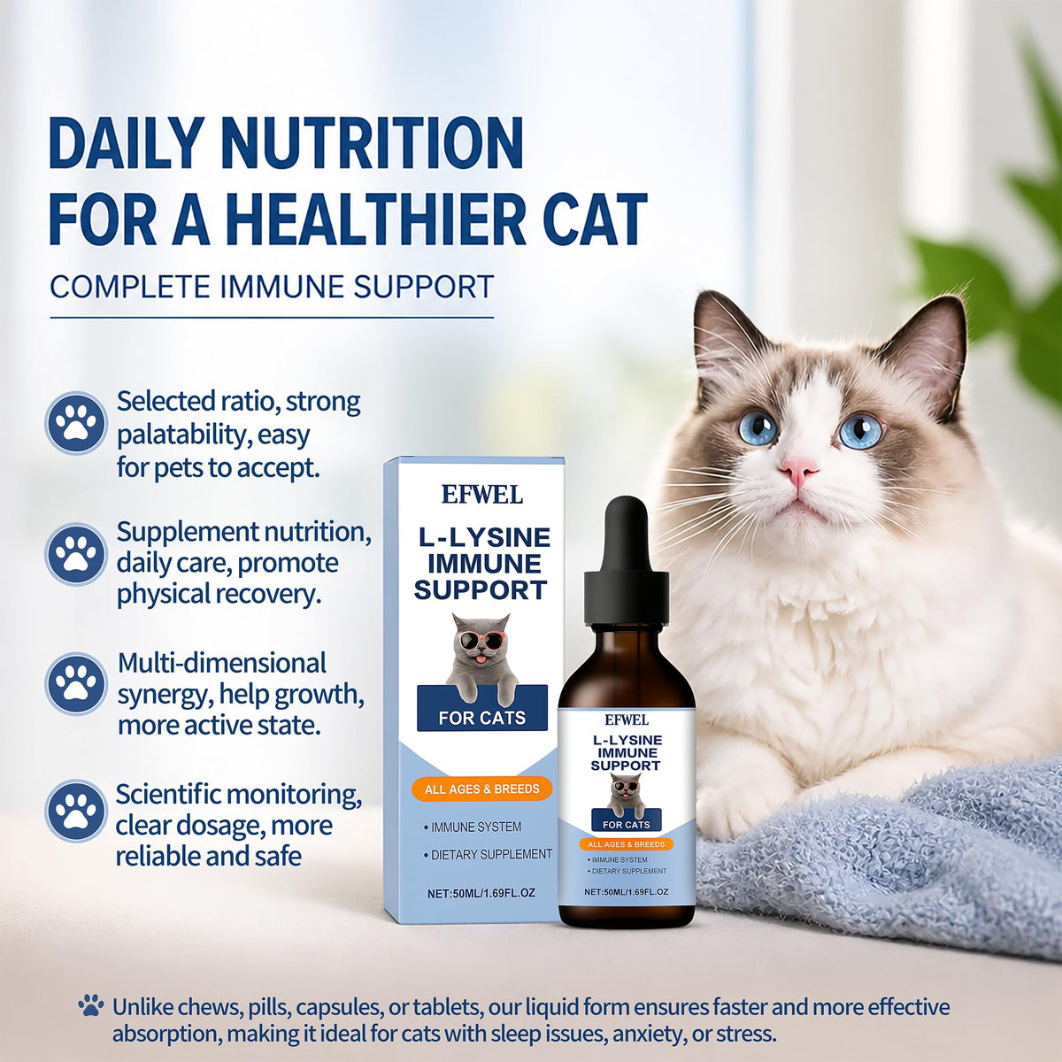 Gouttes de L-Lysine EFWEL pour chats sur une surface blanche