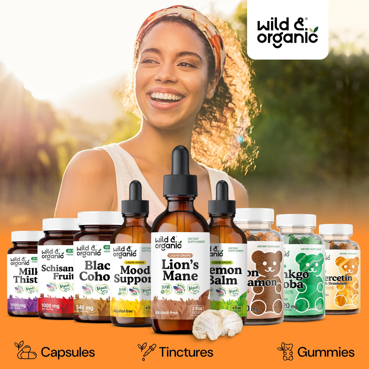 Gouttes de Lion's Mane Wild & Organic avec des ingrédients naturels en arrière-plan