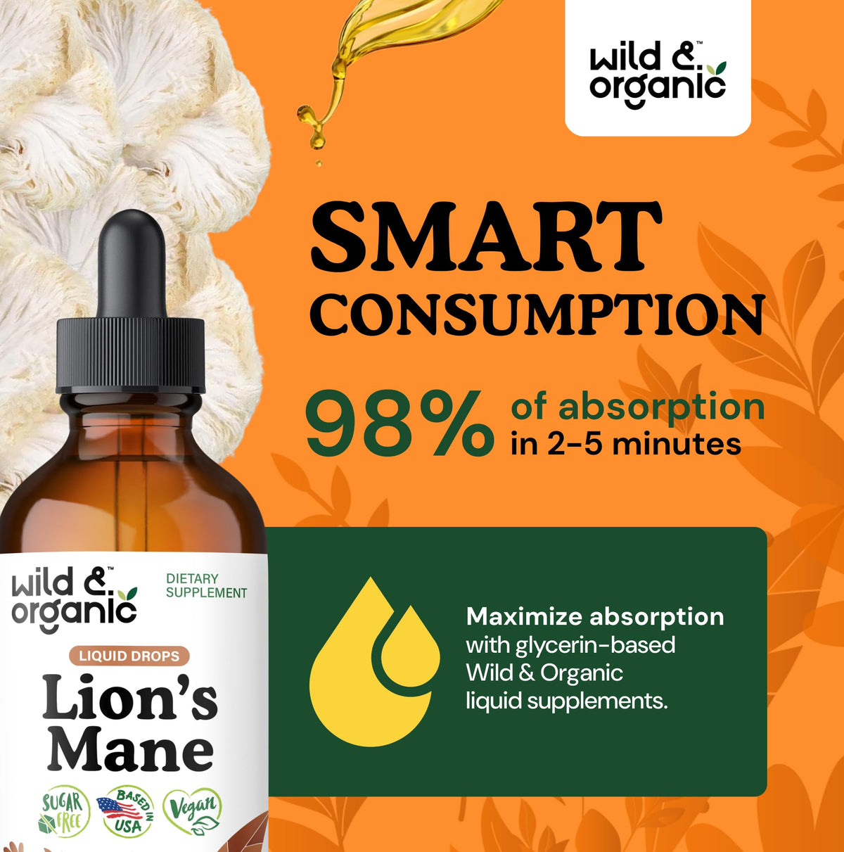 Gouttes de Lion's Mane Wild & Organic sur une table en bois