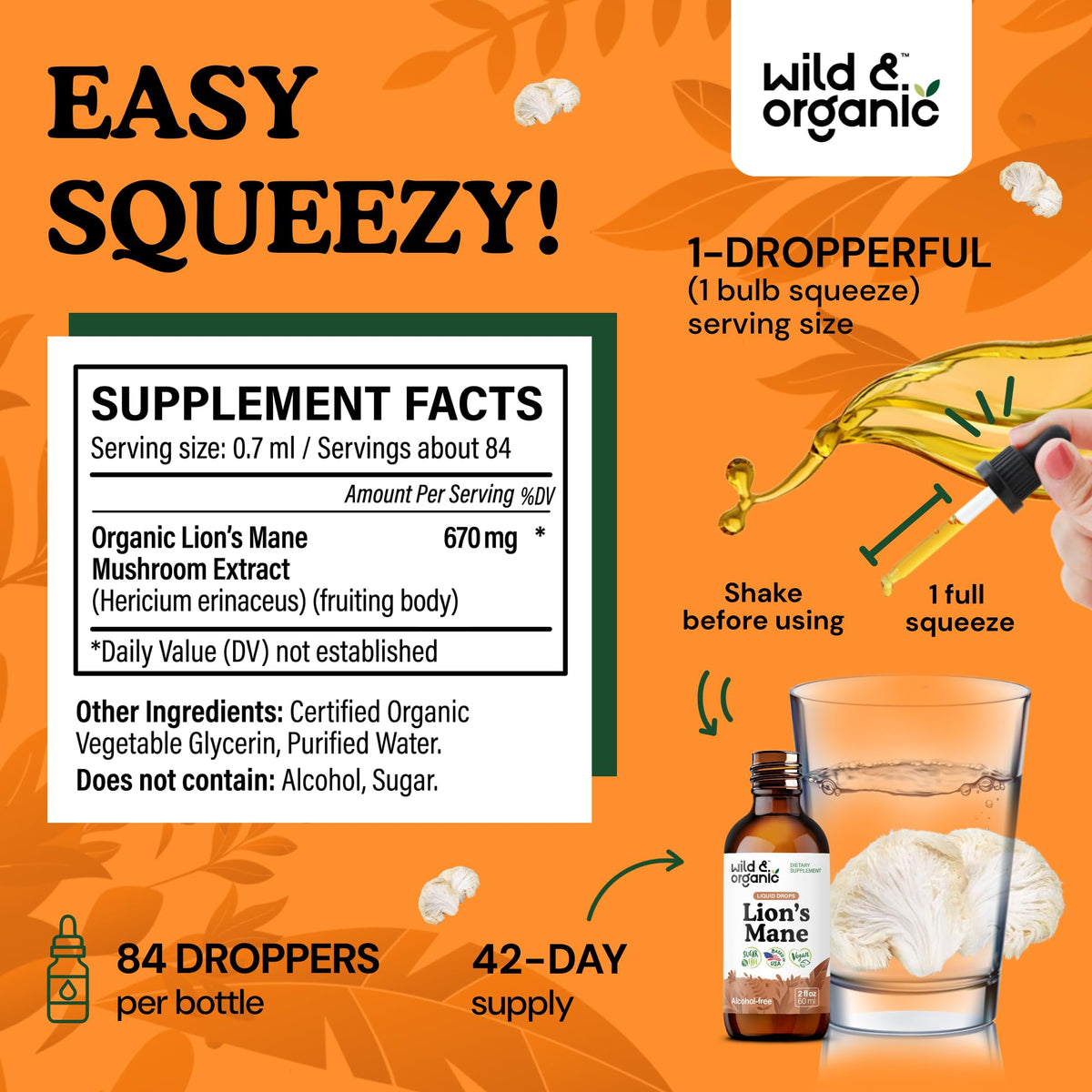 Gouttes de Lion's Mane Wild & Organic versées dans une cuillère