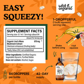 Gouttes de Lion's Mane Wild & Organic versées dans une cuillère