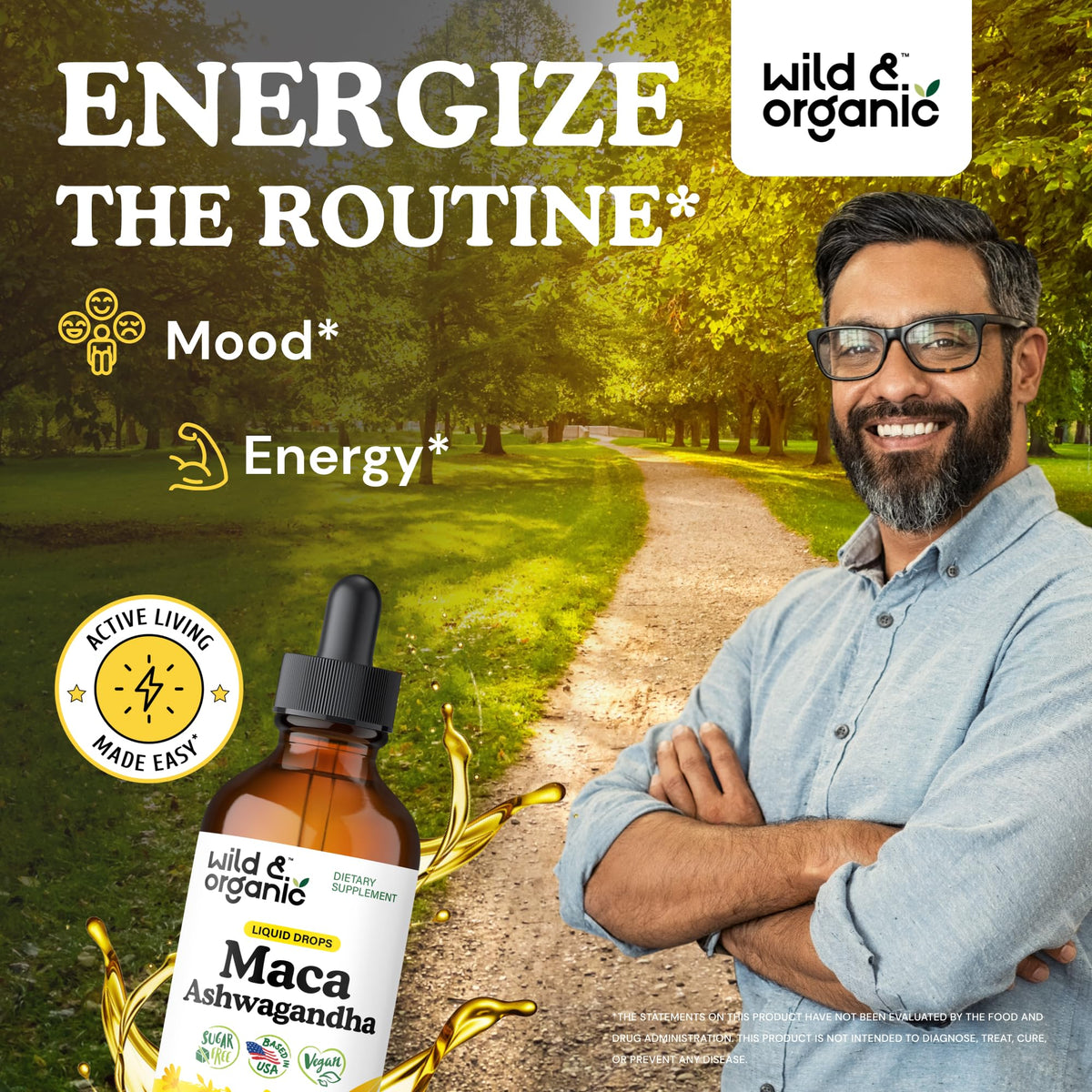 Gouttes de Maca et Ashwagandha Wild & Organic avec étiquette visible
