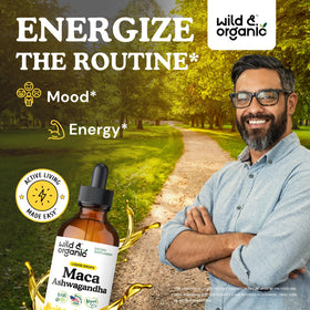 Gouttes de Maca et Ashwagandha Wild & Organic avec étiquette visible