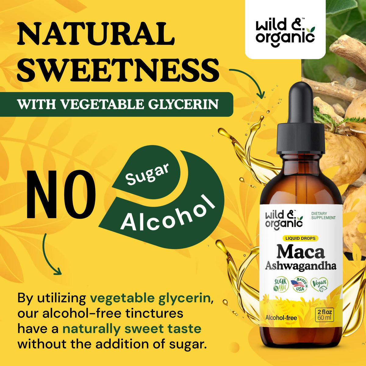 Gouttes de maca et ashwagandha Wild & Organic dans un environnement naturel