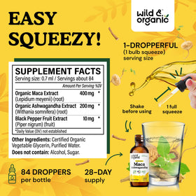 Gouttes de maca et ashwagandha Wild & Organic sur une table en bois