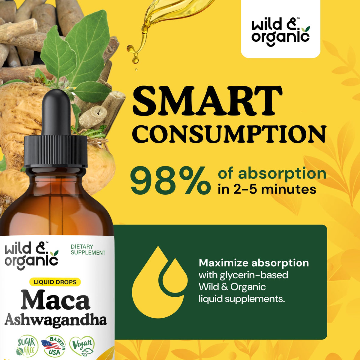 Gouttes de Maca et Ashwagandha Wild & Organic sur une table en bois