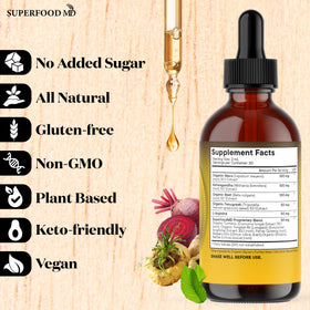 Gouttes de Maca Superfood MD avec une vue de côté du flacon