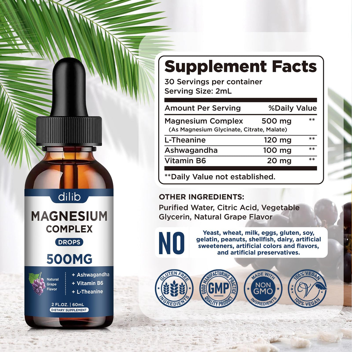 Gouttes de magnésium glycinate 500mg de dilib, flacon dans un cadre naturel