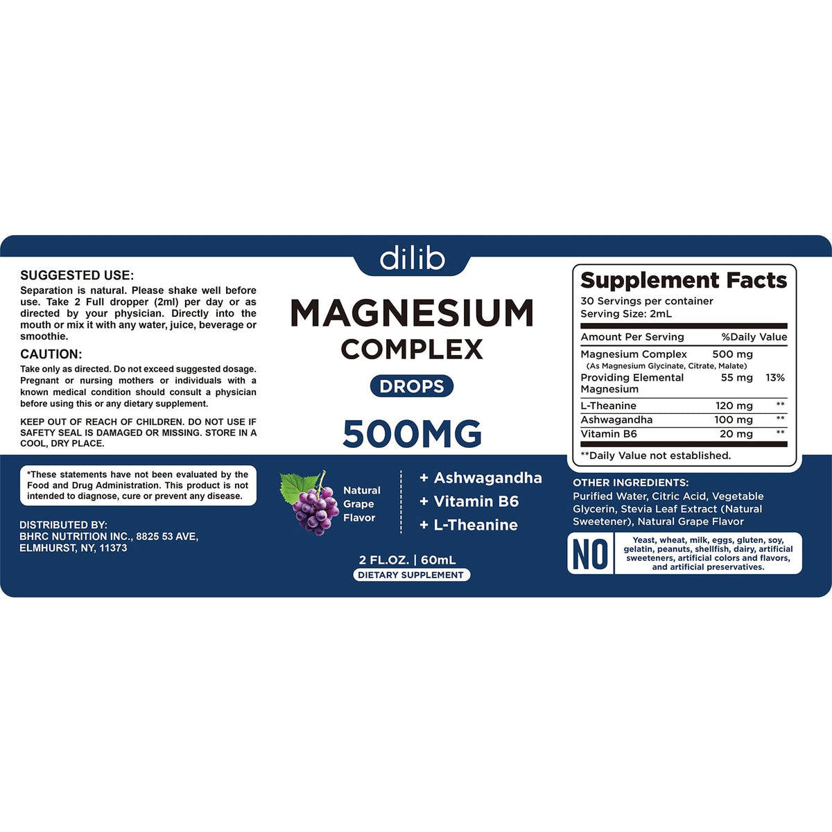 Gouttes de magnésium glycinate 500mg de dilib, flacon sur une table
