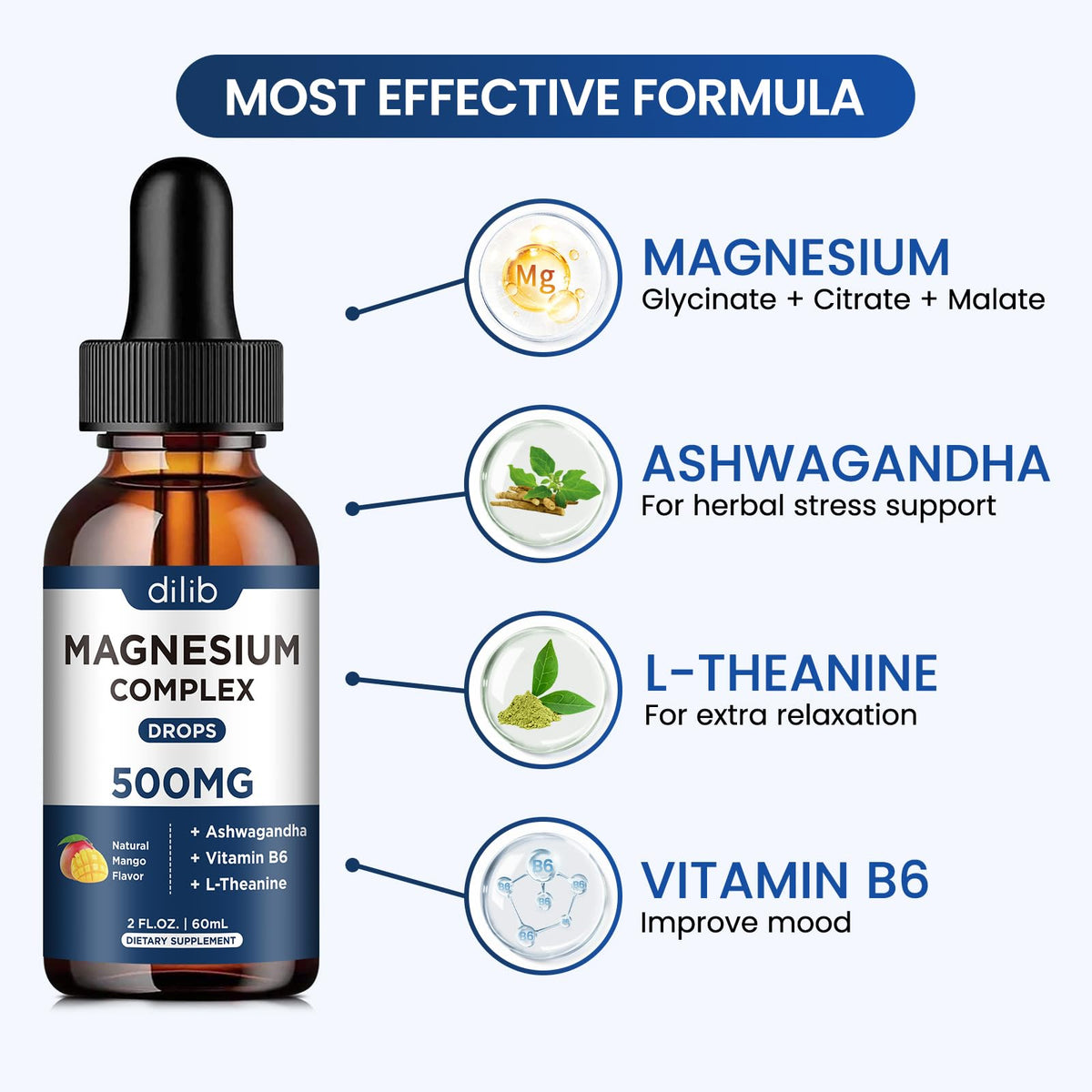 Gouttes de magnésium glycinate dilib 500mg étiquette détaillée