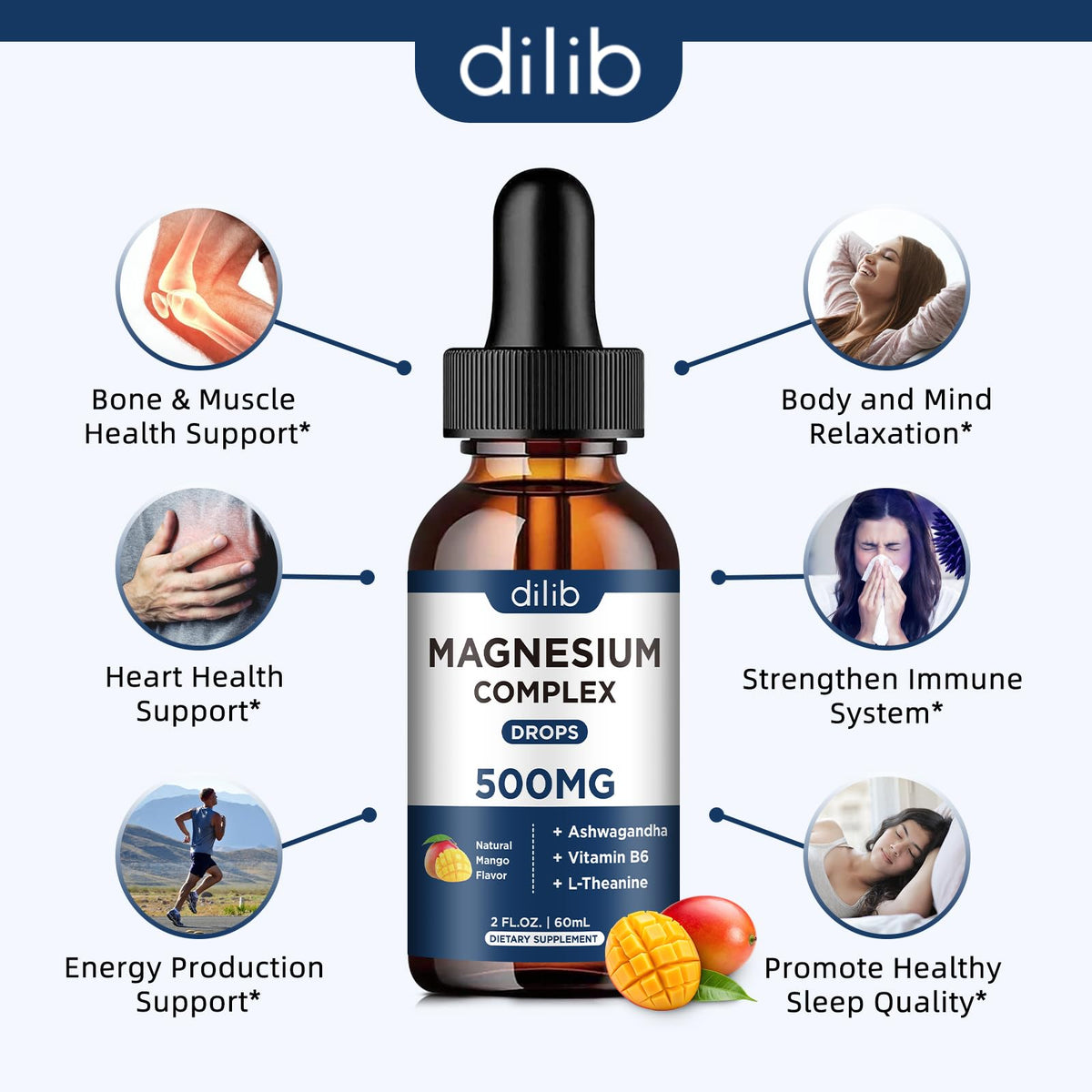 Gouttes de magnésium glycinate dilib 500mg sur une table