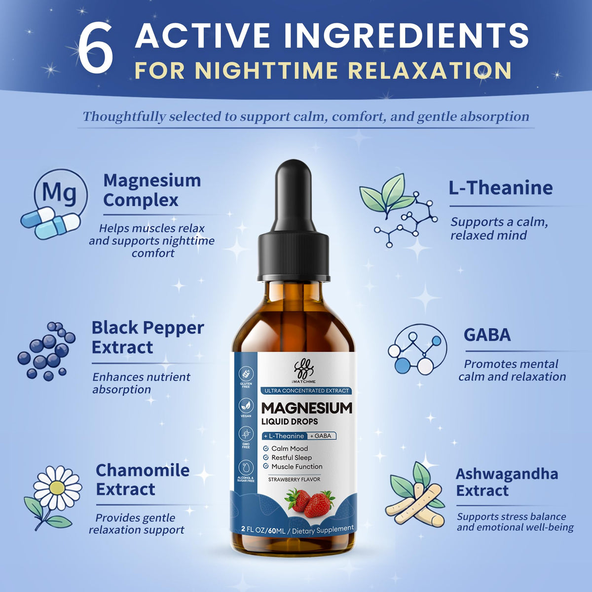 Gouttes de magnésium glycinate iMATCHME sur un fond de fruits
