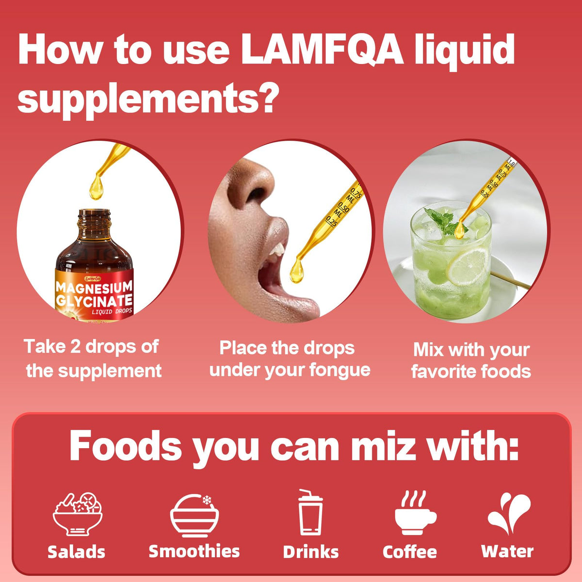 Gouttes de magnésium glycinate liquide LAMFQA 500mg, gouttes dans une cuillère