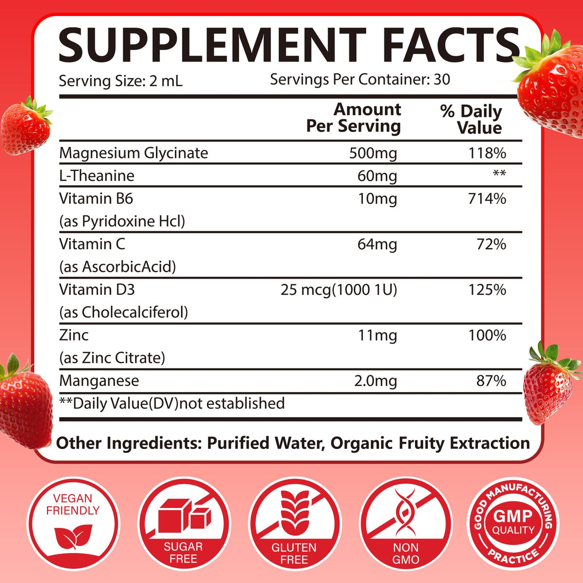 Gouttes de magnésium glycinate liquide LAMFQA 500mg, mise en scène avec des fruits