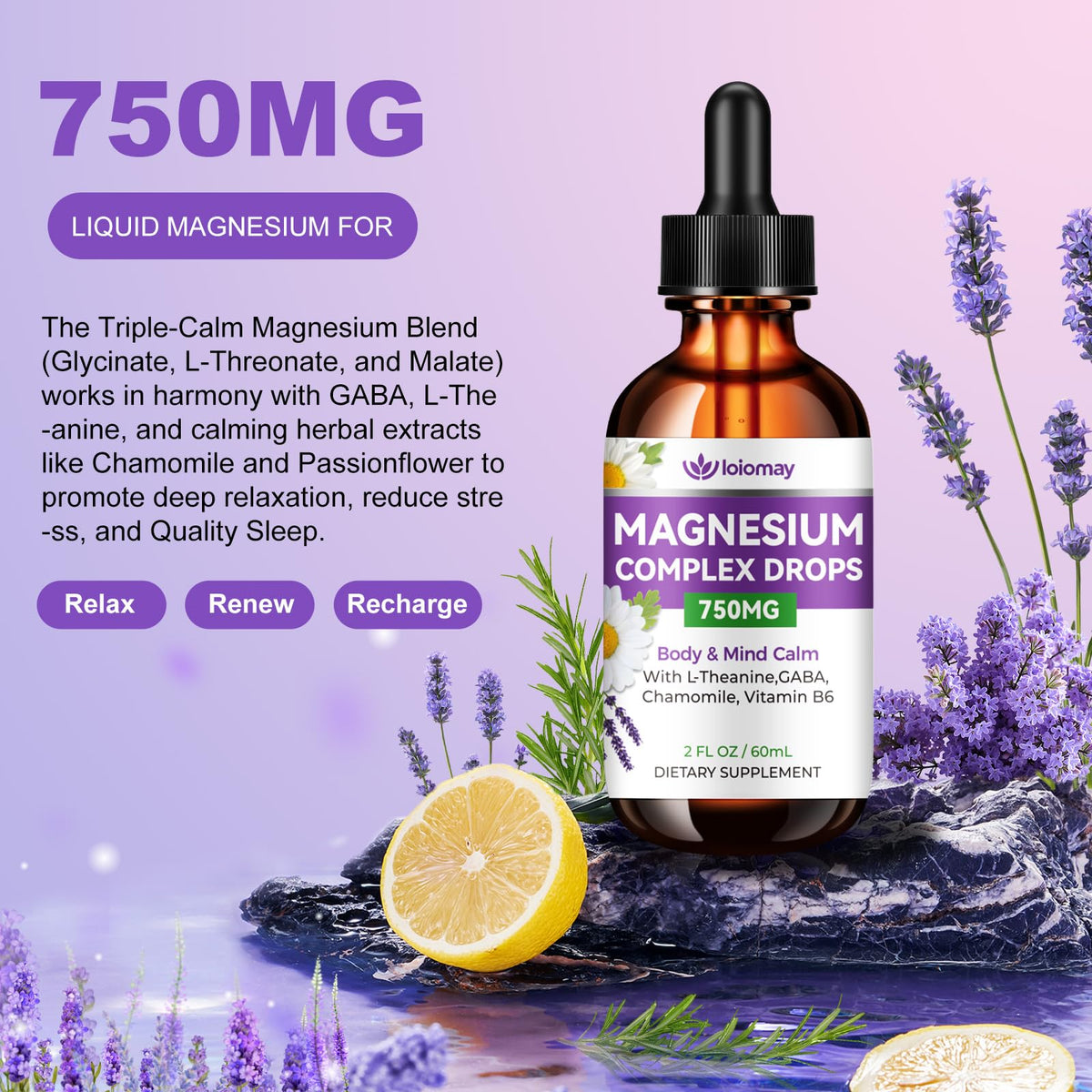 Gouttes de magnésium glycinate loiomay avec étiquette détaillée