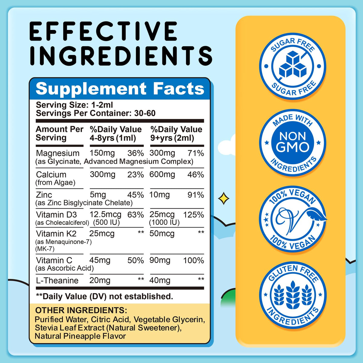 Gouttes de magnésium glycinate pour enfants ReviNutra, ingrédients clés