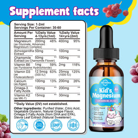 Gouttes de magnésium glycinate ReviNutra pour enfants avec étiquette et dosage