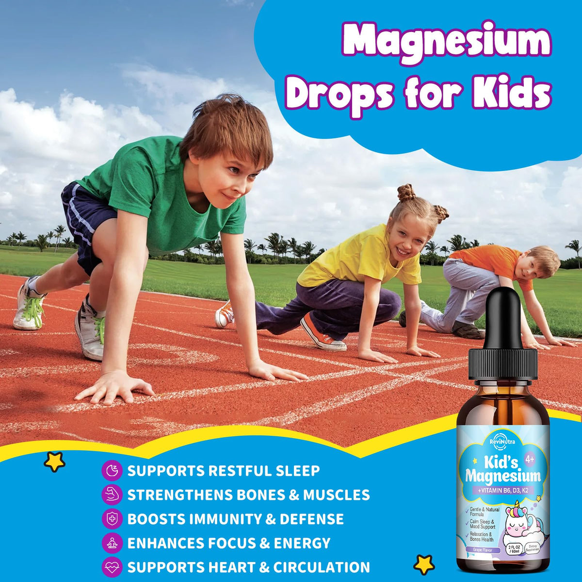 Gouttes de magnésium glycinate ReviNutra pour enfants avec goût de raisin