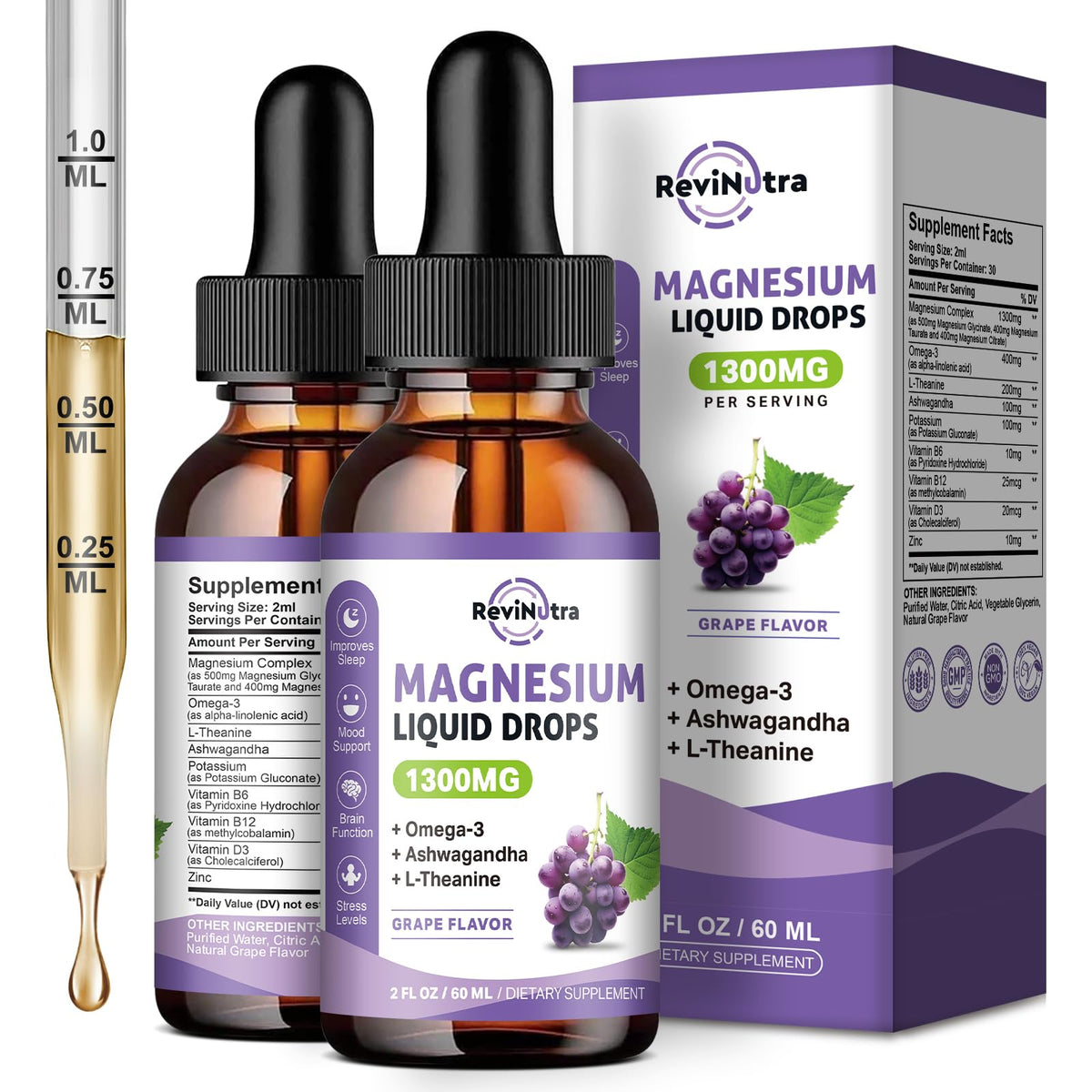 Gouttes de magnésium liquide ReviNutra 2 Pack, saveur raisin frontale