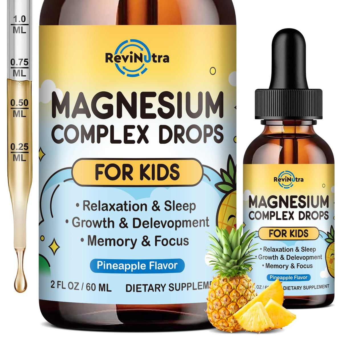 Gouttes de magnésium liquide ReviNutra 60 ml avec goût ananas