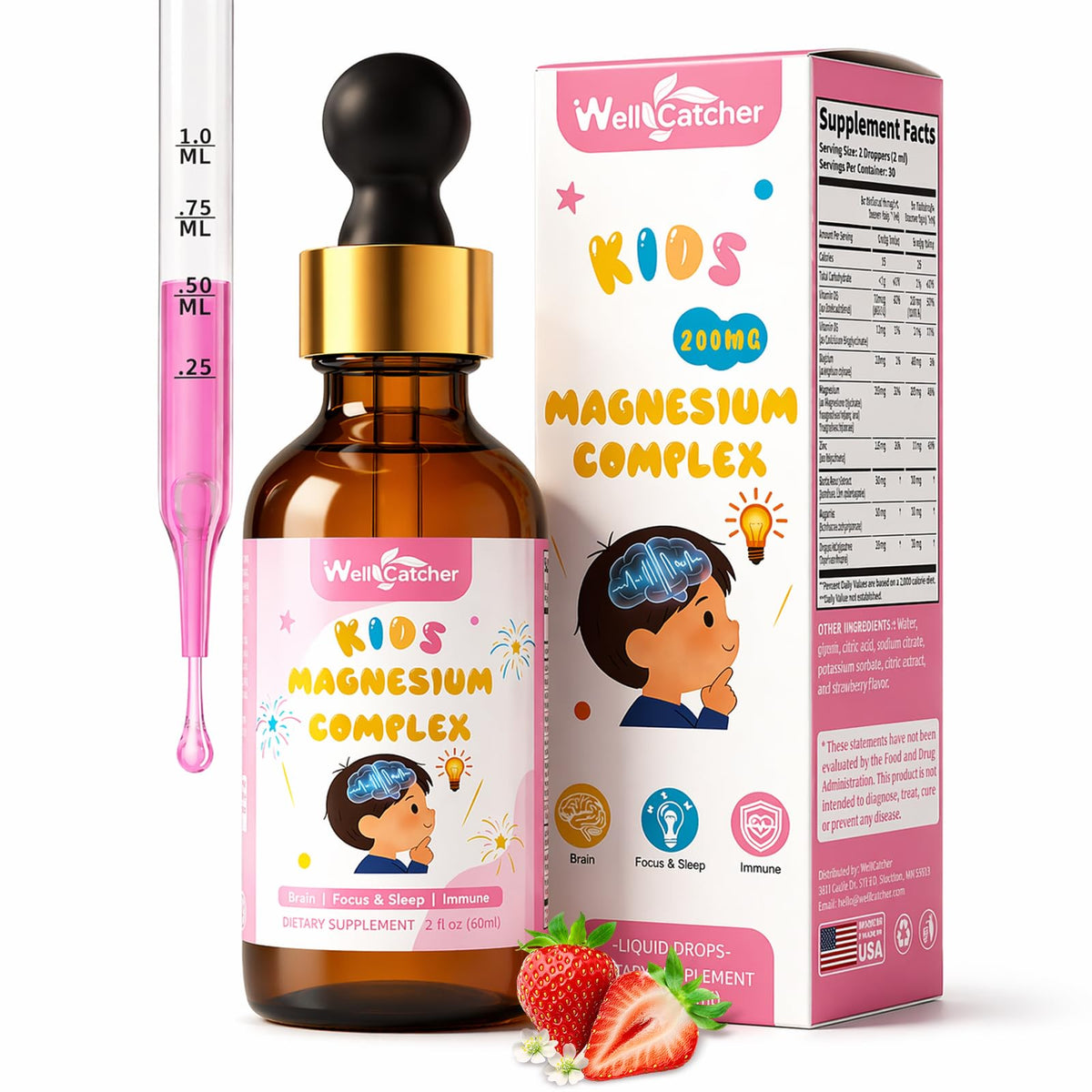 Gouttes de magnésium Wellcatcher 60ml saveur fraise vue avant