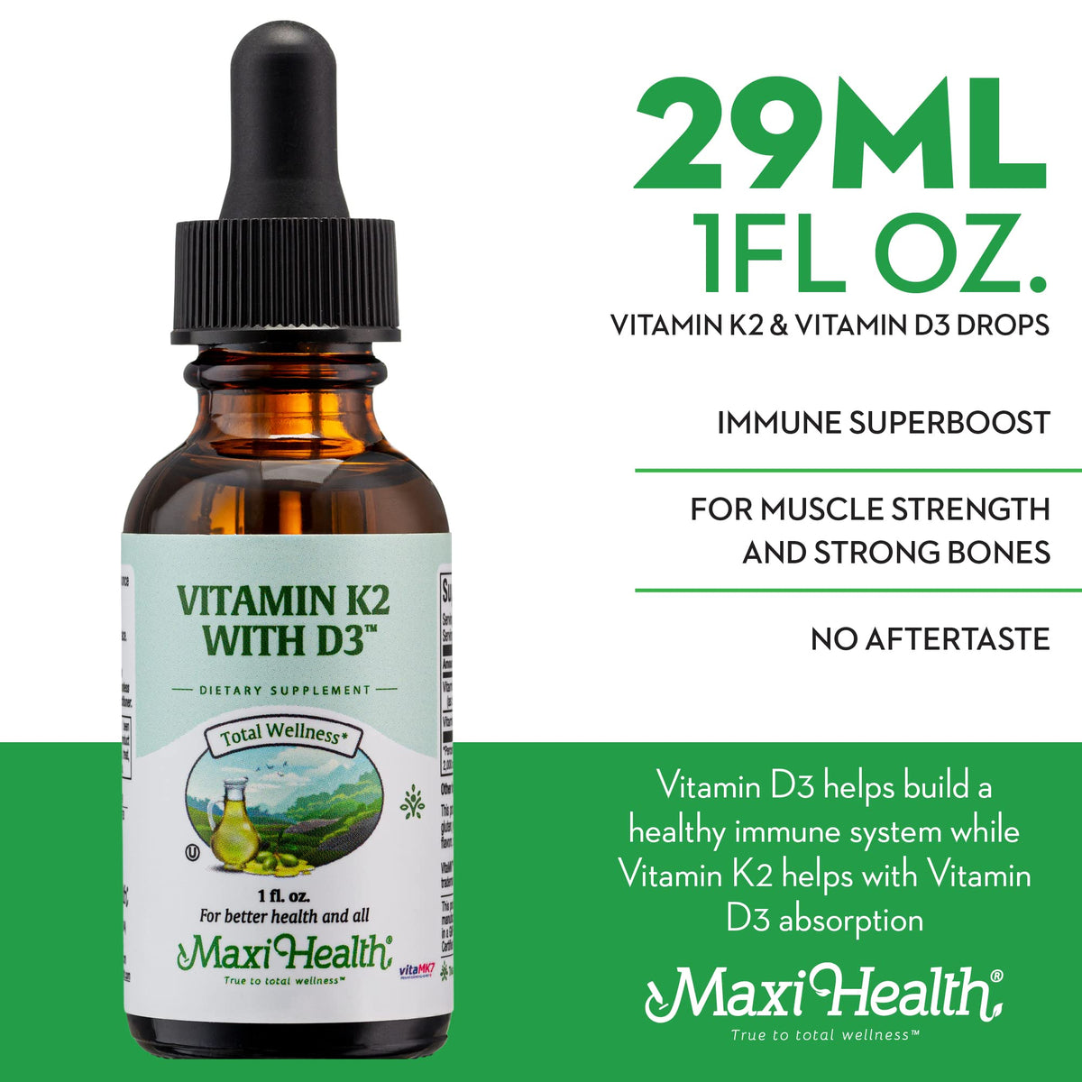 Gouttes de Maxi Health Vitamine D3 K2 sur une cuillère