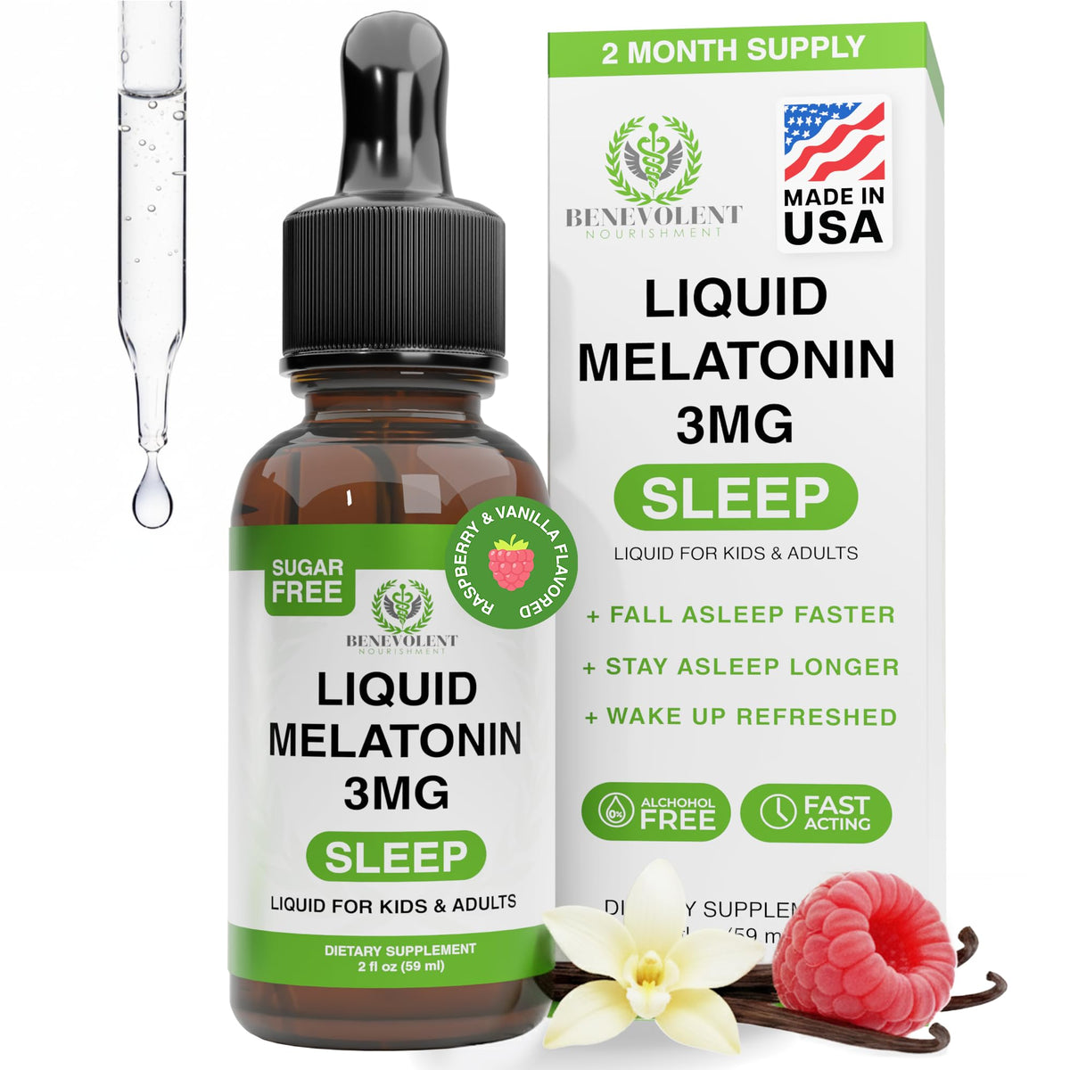 Gouttes de mélatonine liquide Benevolent 3 mg 60 ml vue avant