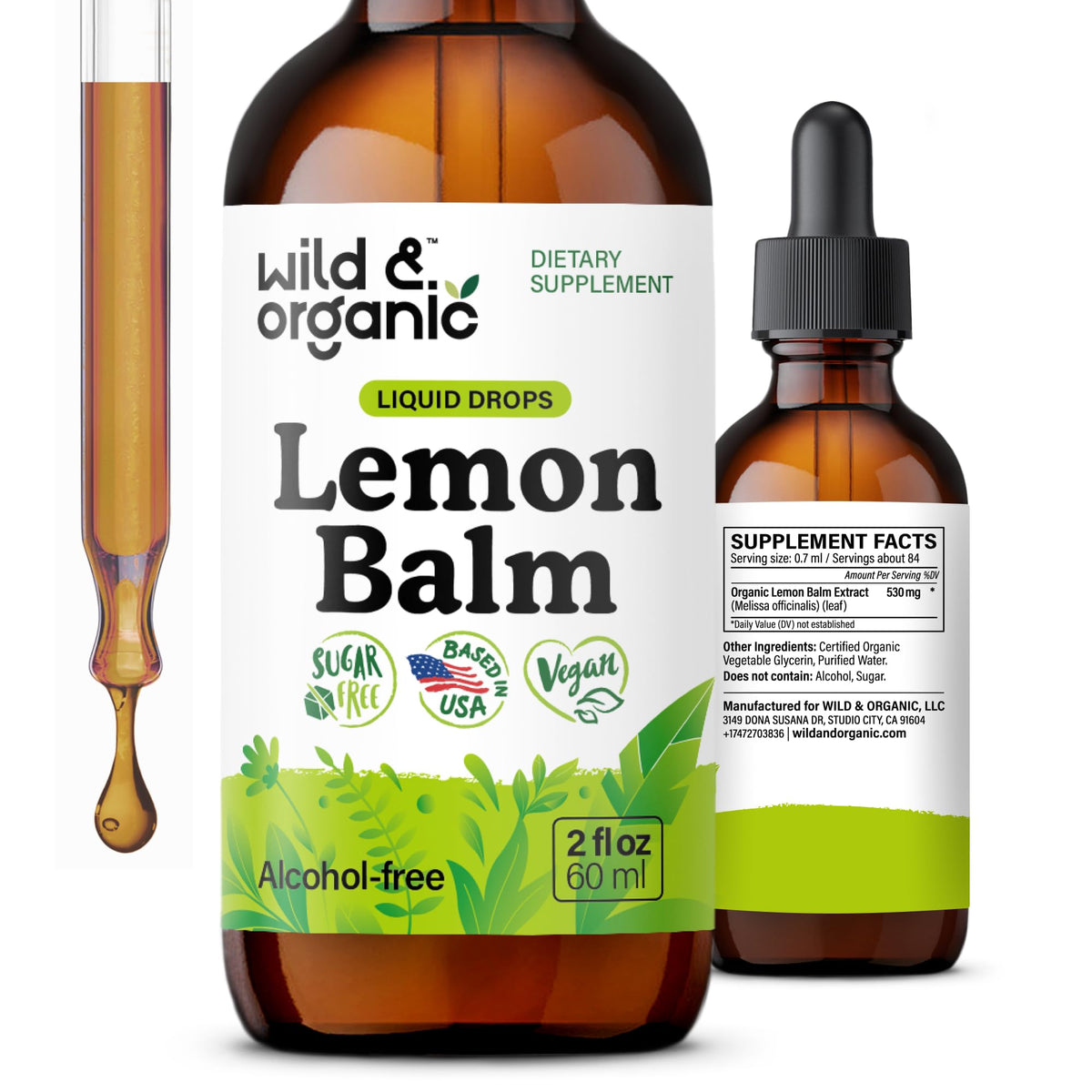 Gouttes de mélisse Wild & Organic 2 oz vue avant avec étiquette
