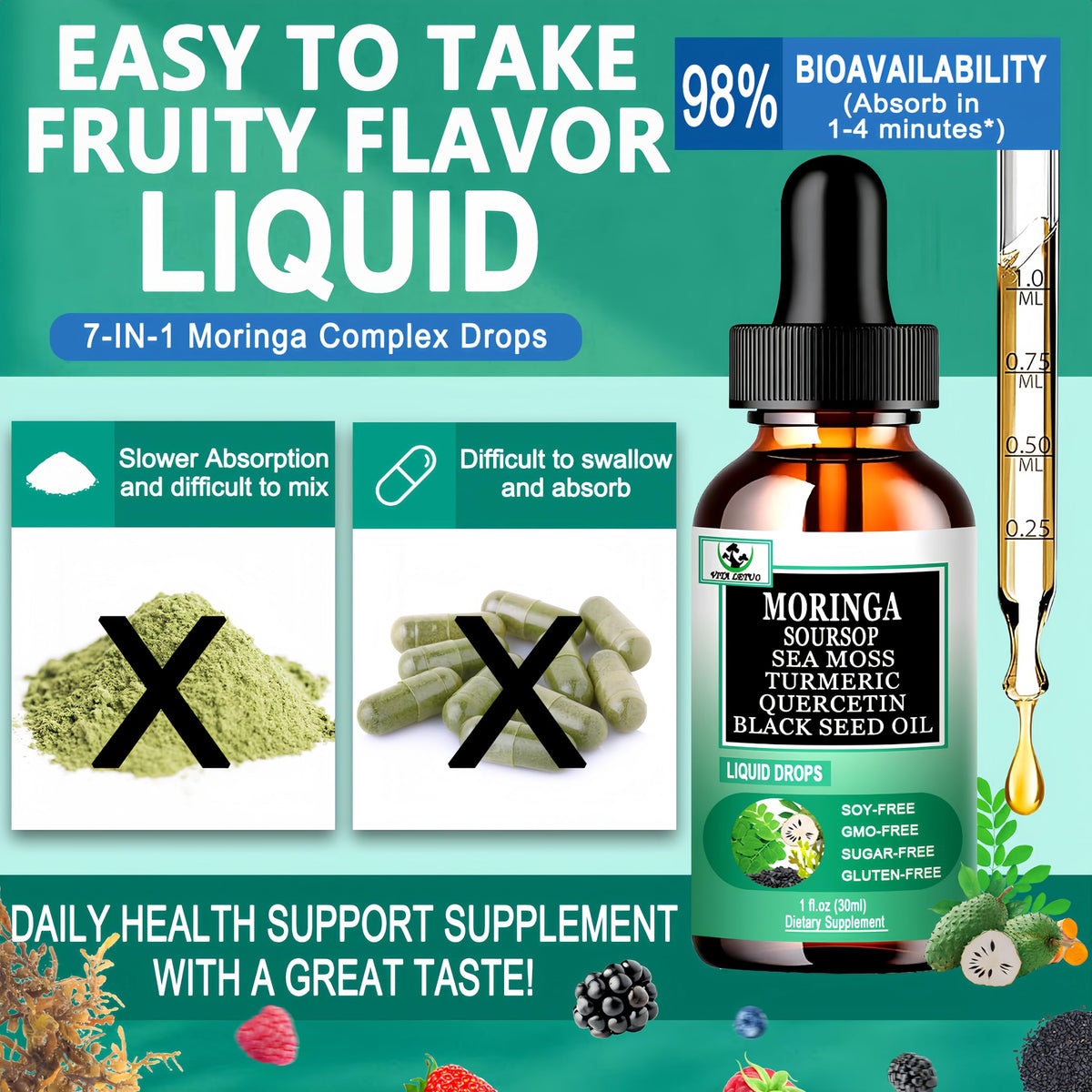 Gouttes de Moringa Vita letuo avec fruits et légumes