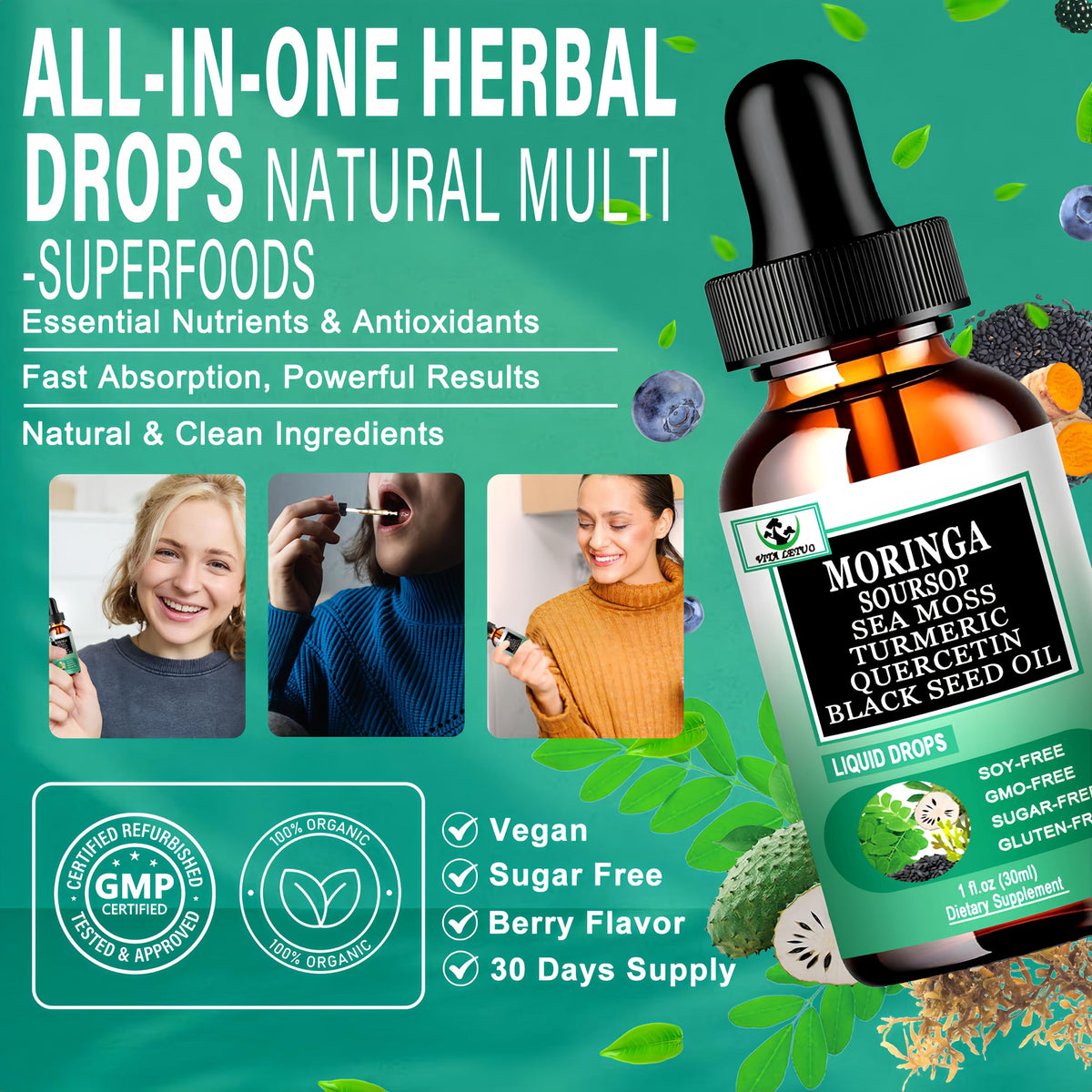 Gouttes de Moringa Vita letuo sur un fond naturel