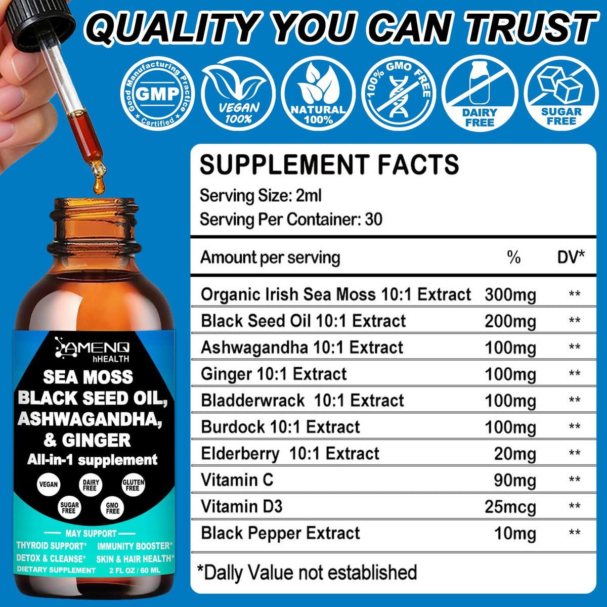 Gouttes de Mousse de Mer Bio AMENQ hHEALTH étiquette de produit