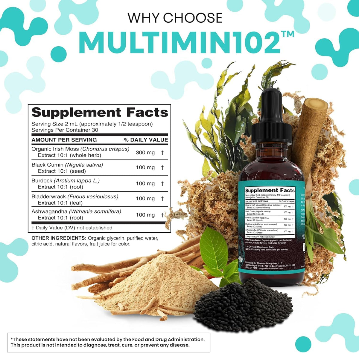 Gouttes de Mousse de Mer Biologique Clean Nutraceuticals en utilisation dans un verre d'eau