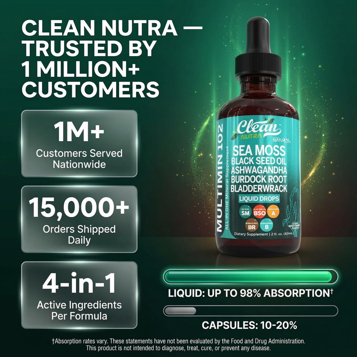 Gouttes de Mousse de Mer Clean Nutraceuticals sur un fond en bois