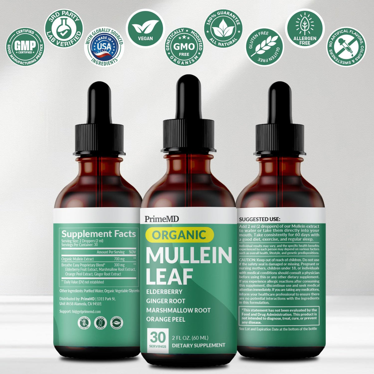 Gouttes de Mullein 5-en-1 PrimeMD avec verre d'eau