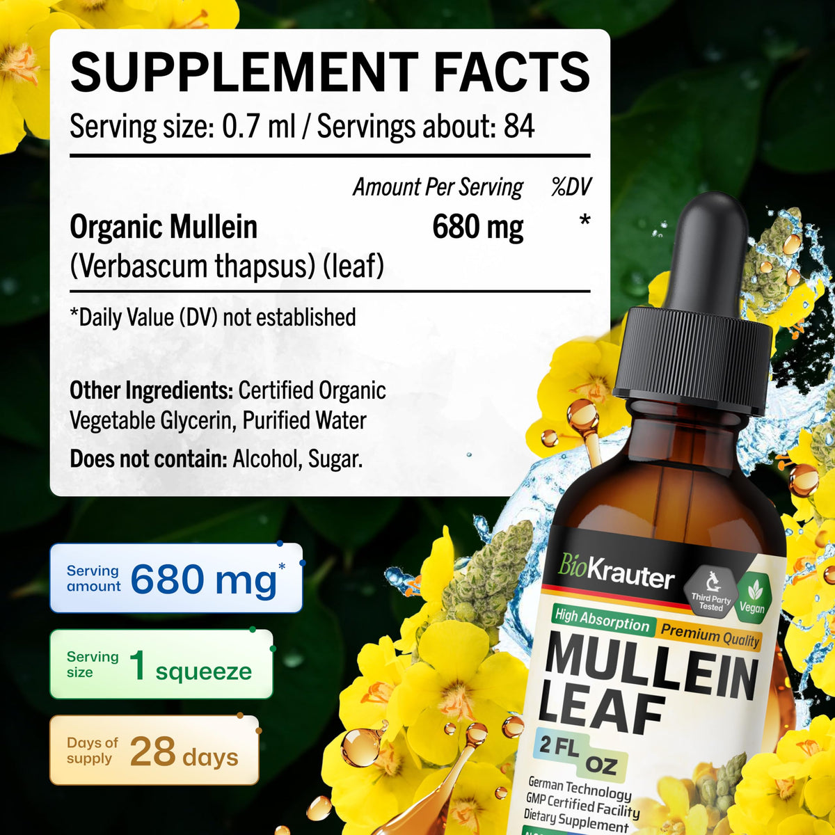 Gouttes de mullein BIO KRAUTER versées dans un verre d'eau