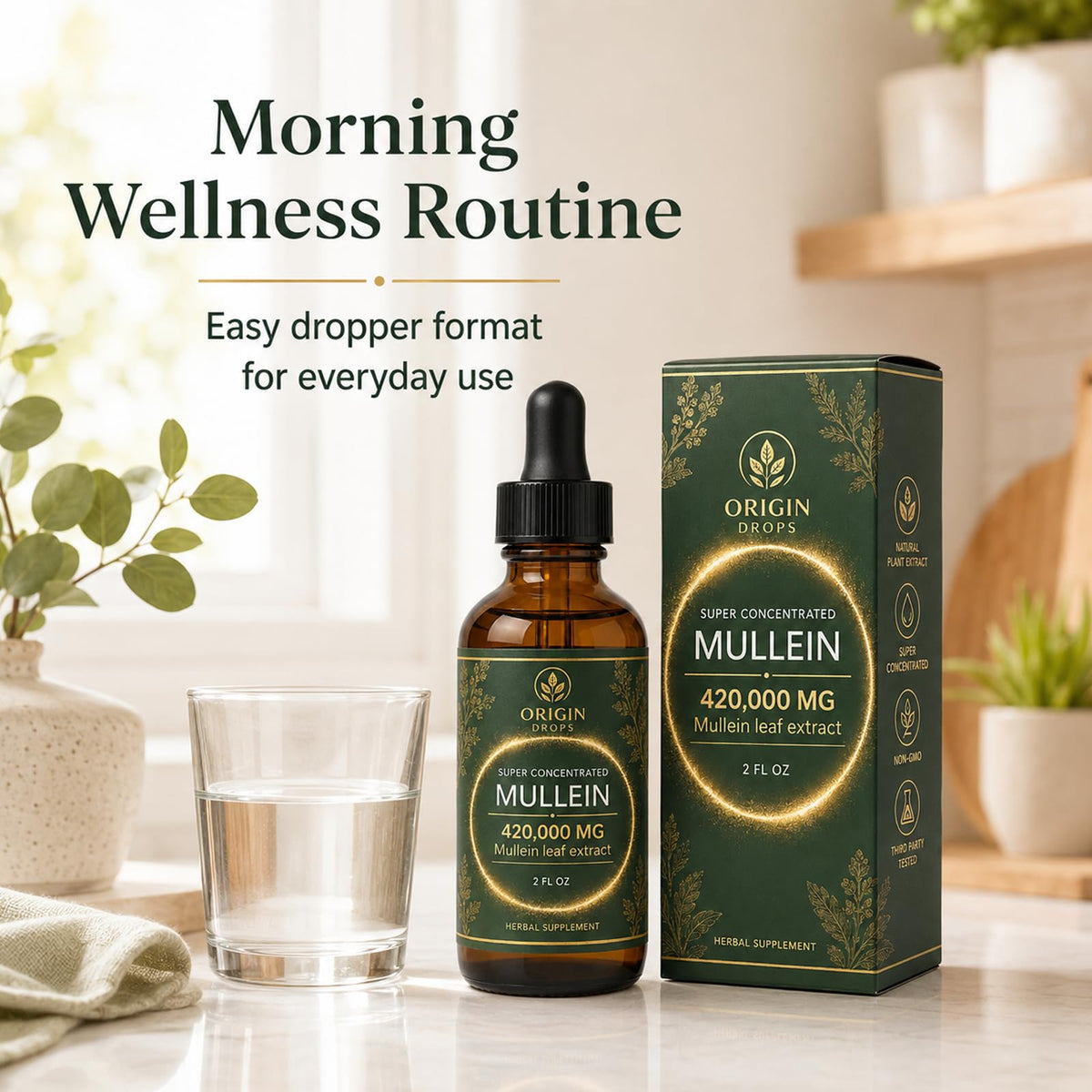 Gouttes de Mullein d'Origin Drops avec un fond de plantes