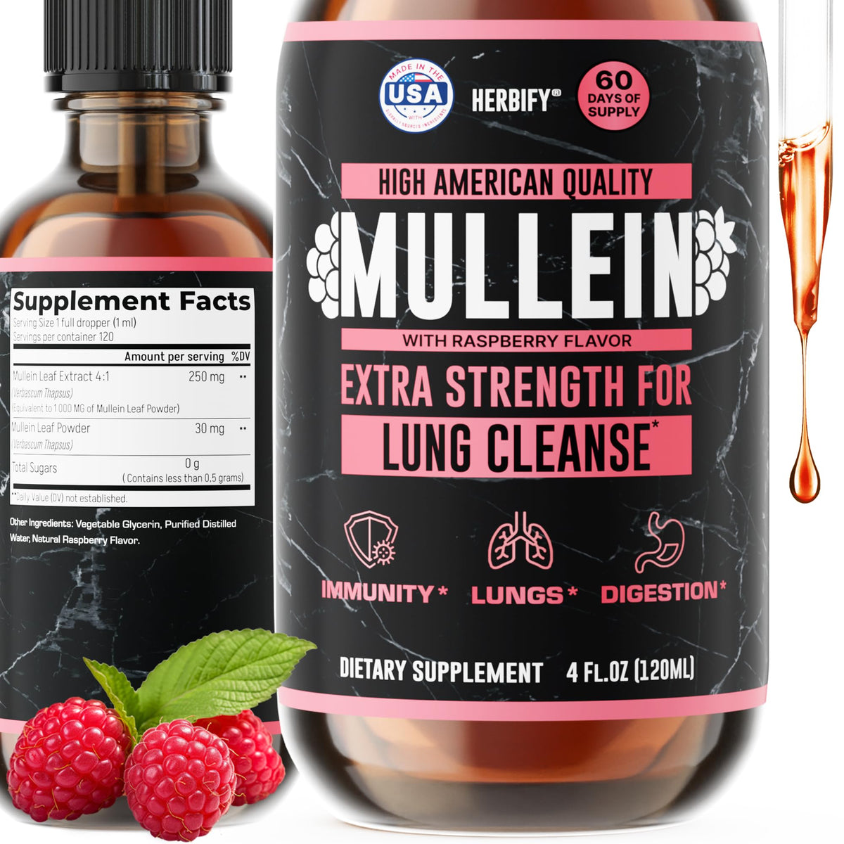 Gouttes de Mullein HERBIFY 118 ml avec étiquette et bouchon