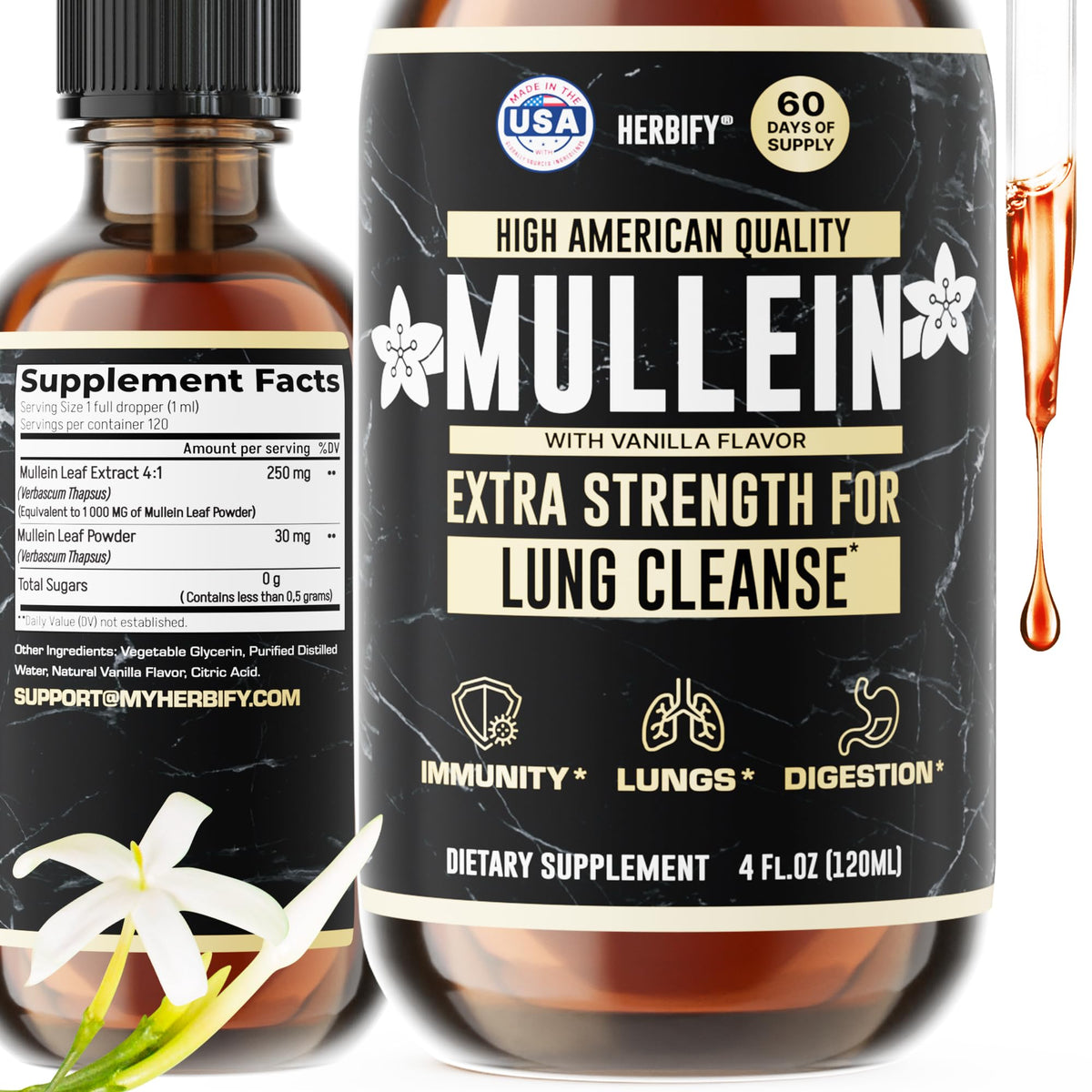 Gouttes de Mullein HERBIFY 4 Oz avec étiquette
