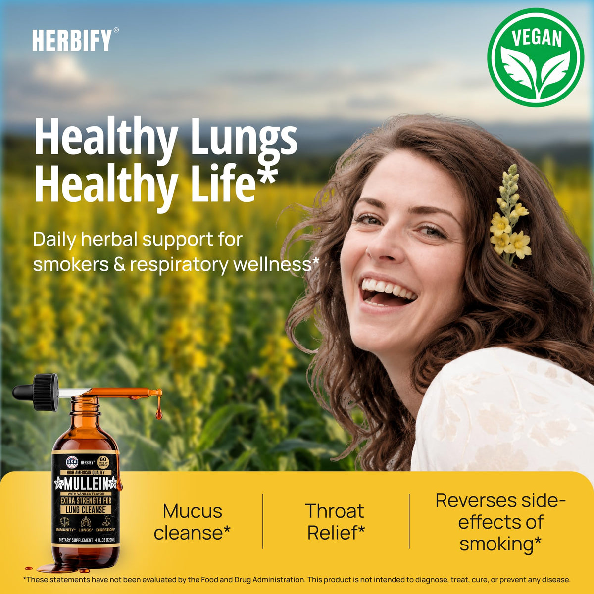 Gouttes de Mullein HERBIFY sur une table en bois