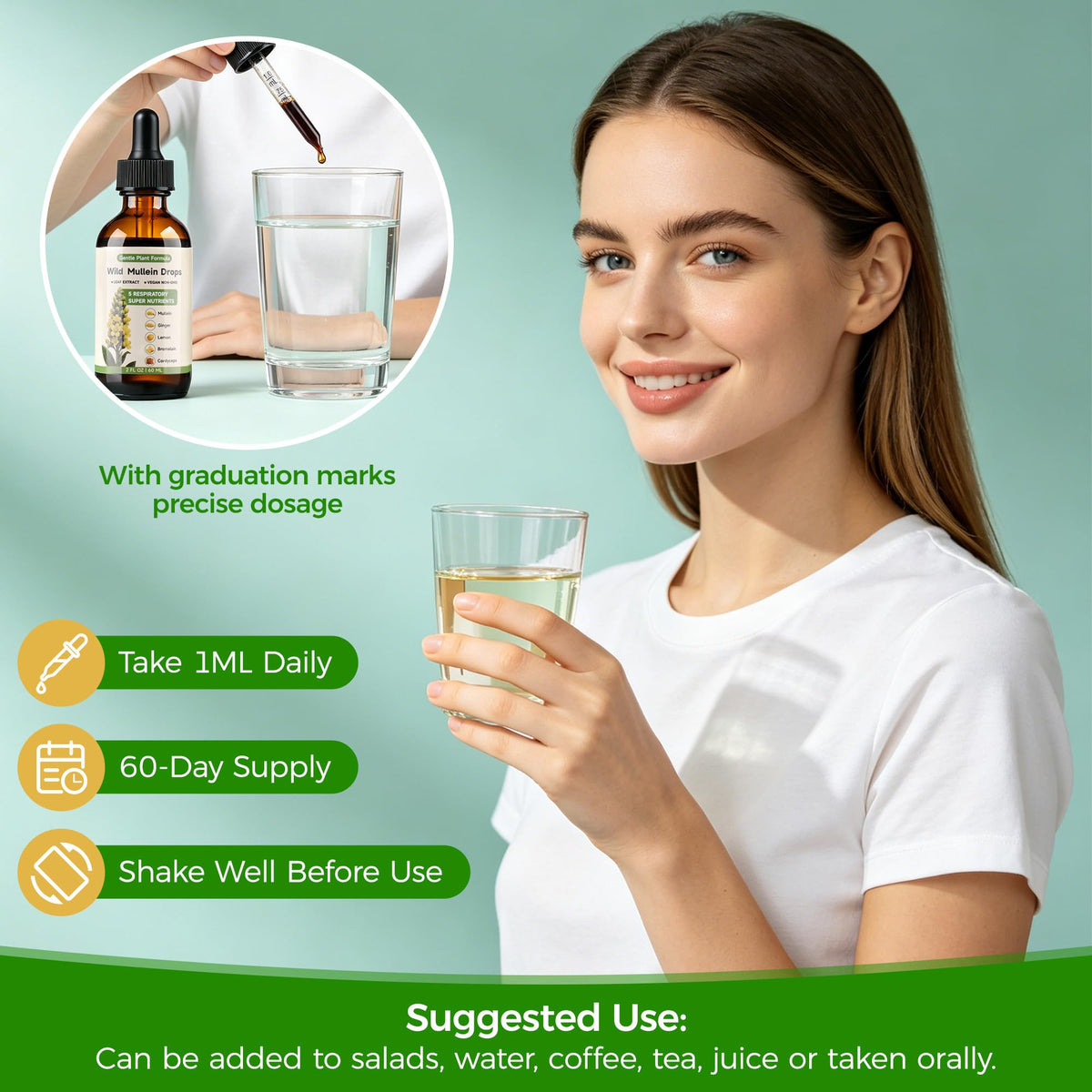 Gouttes de Mullein Loruoea 60ml avec des ingrédients naturels en arrière-plan