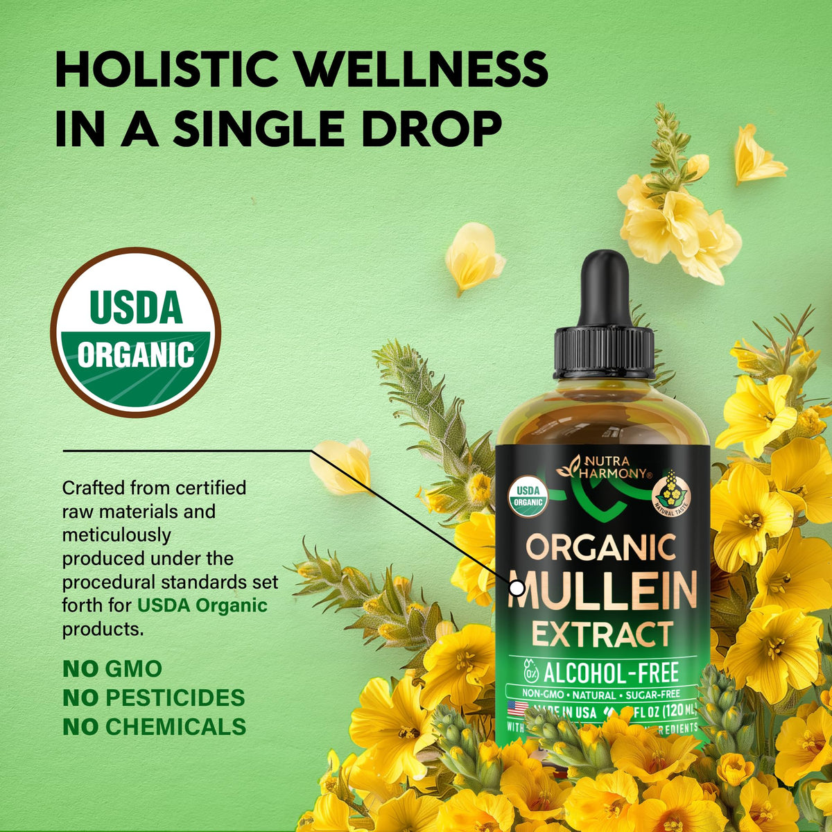 Gouttes de Mullein NUTRAHARMONY sur fond naturel