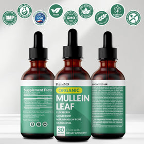 Gouttes de Mullein PrimeMD affichées sur une table ensoleillée