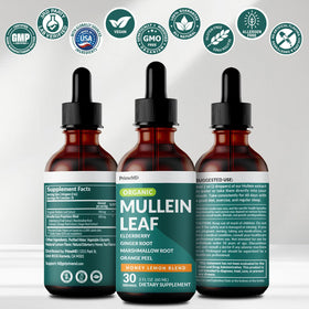 Gouttes de Mullein PrimeMD avec fruits et plantes à côté