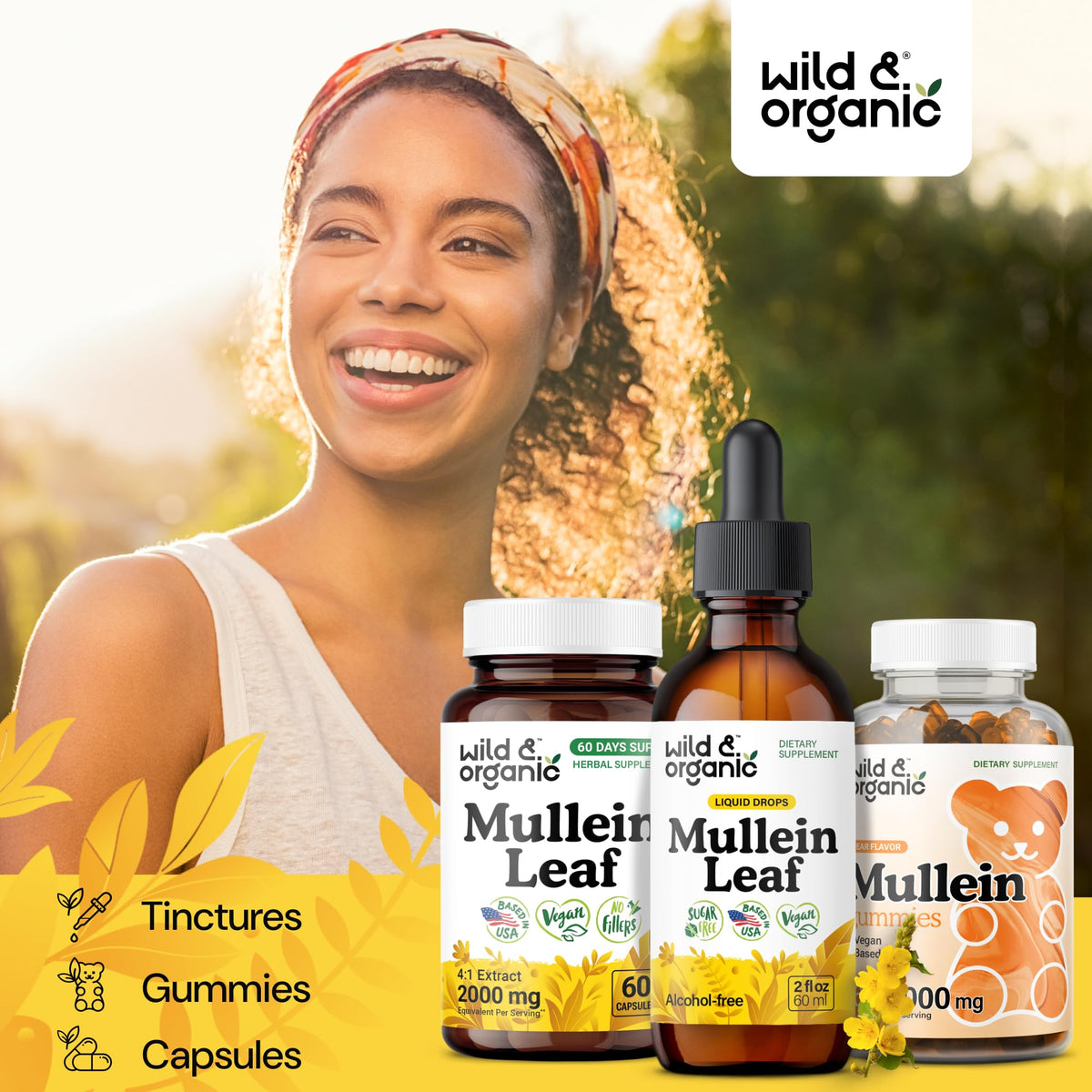 Gouttes de mullein Wild & Organic avec un fond de plantes